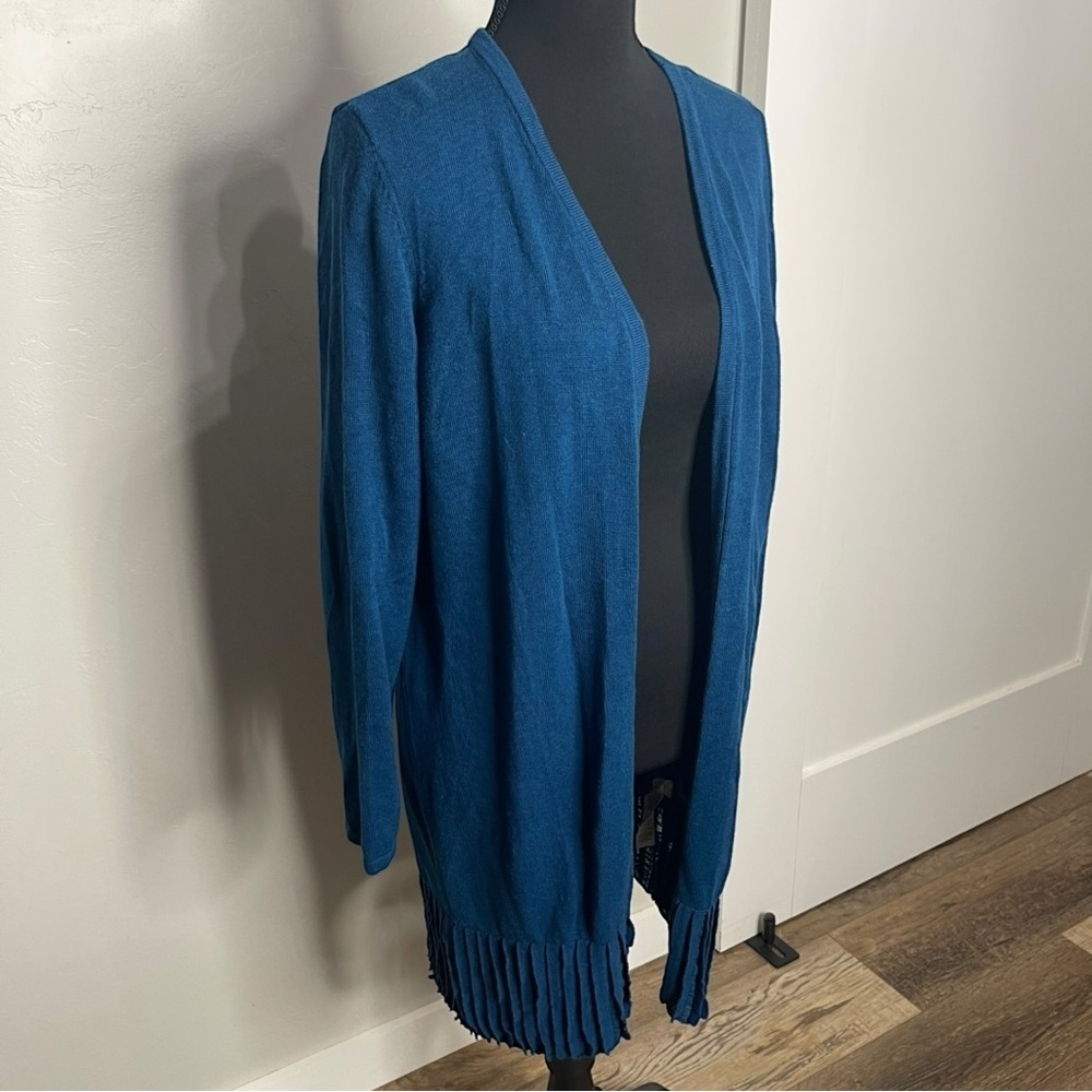 Chico's Long Lined Blue Pleated Open Front Cotton Blend Casual Cardigan Size 1 - Picture 2 of 8